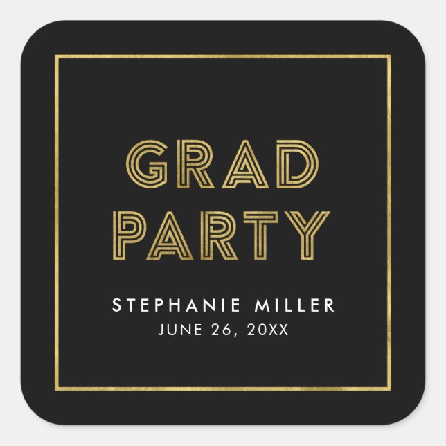 Schwarz und Imitate Gold Geometric Grad Party Quadratischer Aufkleber (Vorderseite)