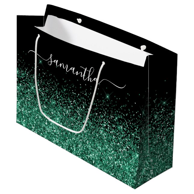 Schwarz und Jäger Grüner Glitzer Eleganter Name Große Geschenktüte (Vorderseite Schrägansicht)