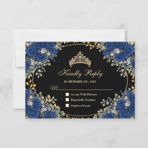 Schwarz und königlich Blau Goldene Quinceañera Sch RSVP Karte