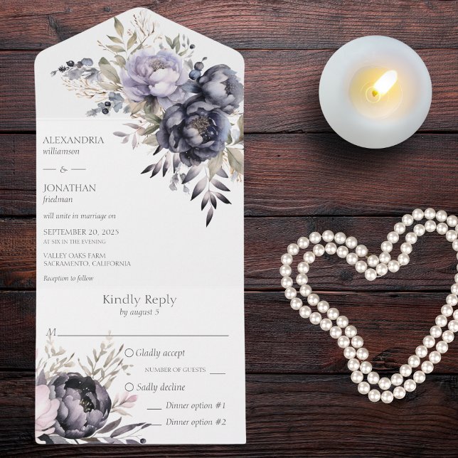 Schwarz und Lavendel All In One Einladung (Also available without dinner options or with QR code. )