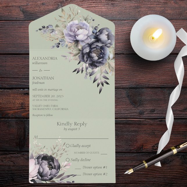 Schwarz und Lavender Floral auf Sage Green All In One Einladung (Also available with QR code. )