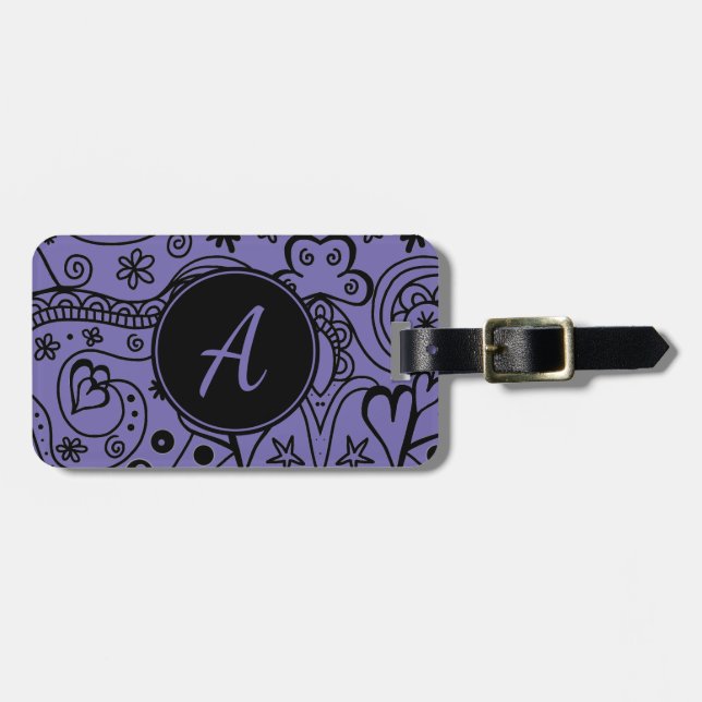 Schwarz und Lila, benutzerdefinierter Monogramm-Ge Gepäckanhänger (Vorderseite horizontal)