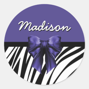 Schwarz und Lila Ribbon Bow Zebra Print Runder Aufkleber