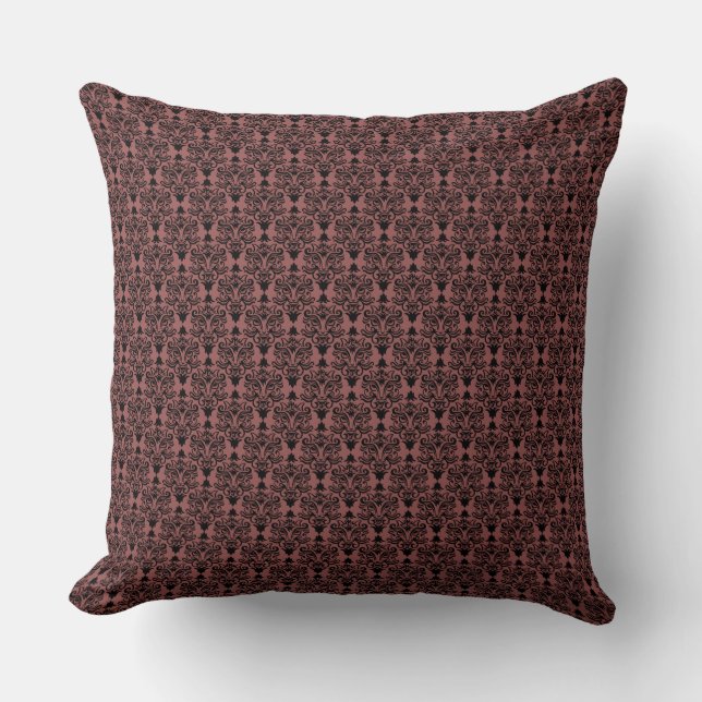 Schwarz und Marsala Kat Damask Muster Kissen Kisse (Vorderseite)