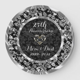Schwarz und metallisches Silber 25. Hochzeitstag Große Wanduhr
