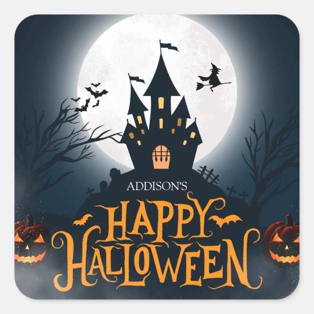Schwarz und Orange Illustrative Happy Halloween Quadratischer Aufkleber (Vorderseite)