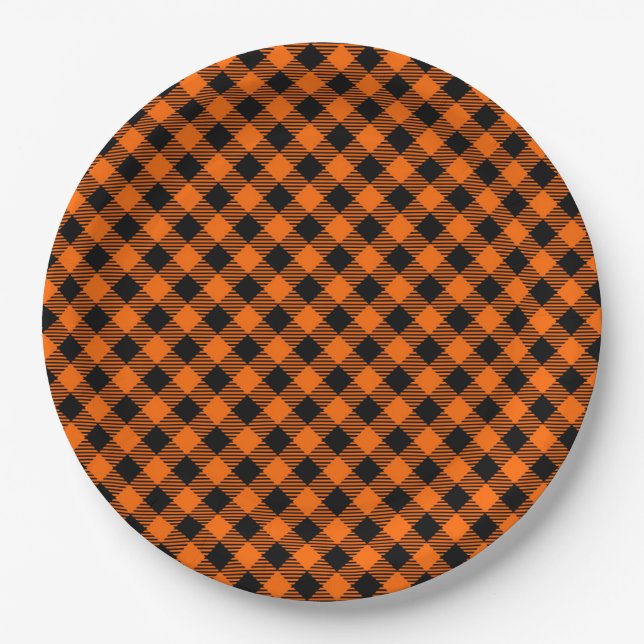 Schwarz und Orange Kariert Pappteller (Vorderseite)