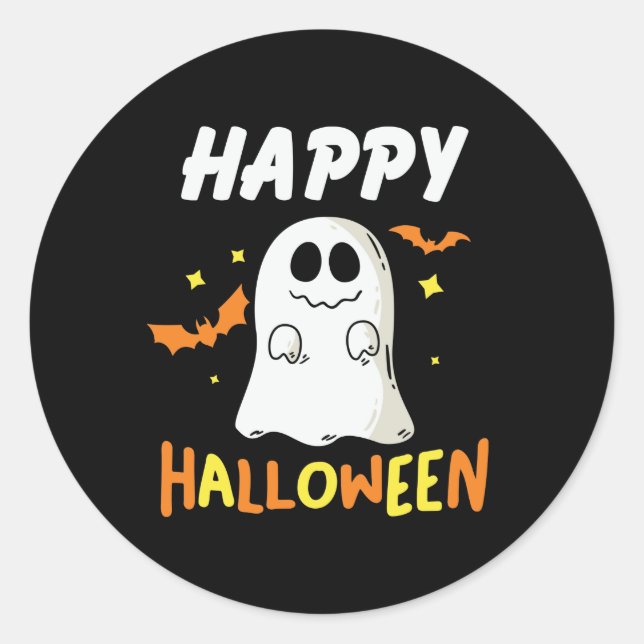 Schwarz und Orange mit Ghost Happy Halloween Runder Aufkleber (Vorderseite)