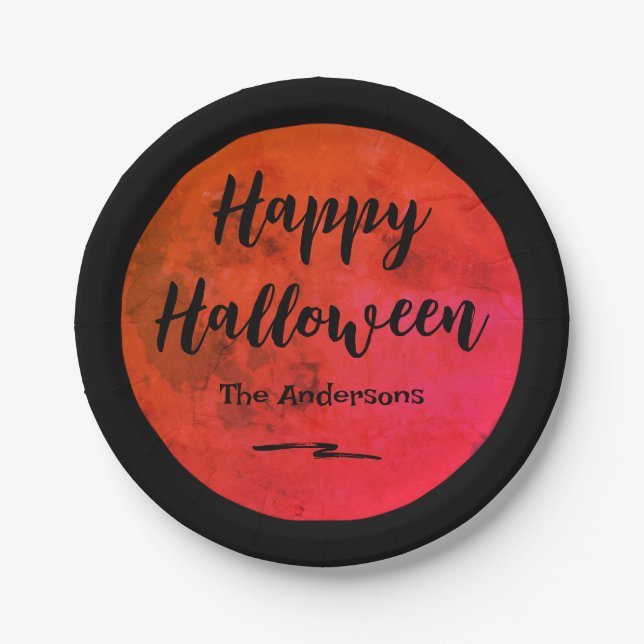 Schwarz und Orange Spooky Full Moon Happy Hallowee Pappteller (Vorderseite)