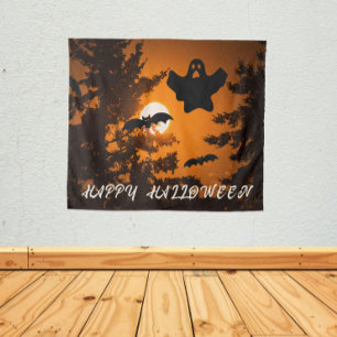 Schwarz und Orange Spooky Halloween Night Szene Wandteppich