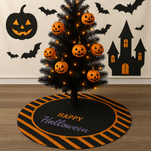Schwarz und Orange Streifen glücklich Halloween Polyester Weihnachtsbaumdecke