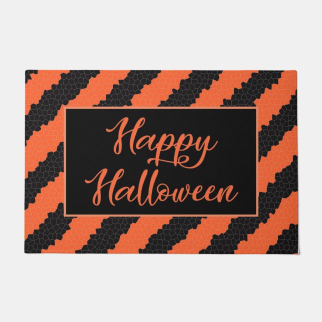 Schwarz und Orange Stripe Spaß glücklich Halloween Fußmatte (Vorderseite)