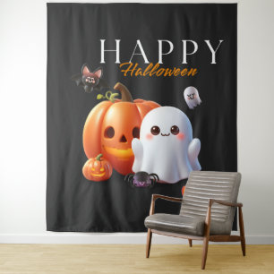 Schwarz und Orange Süßes Happy Halloween Wandteppich