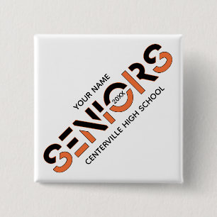 Schwarz und orange zweifarbige Buchstaben in Schei Button