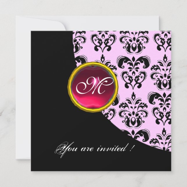 SCHWARZ- UND PINK-DAMASK-MONOGRAMM, rote Ruby, Einladung (Vorderseite)