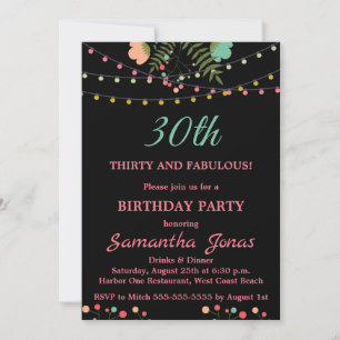 Schwarz und Rosa Blumendesign 30. Geburtstag Party Einladung