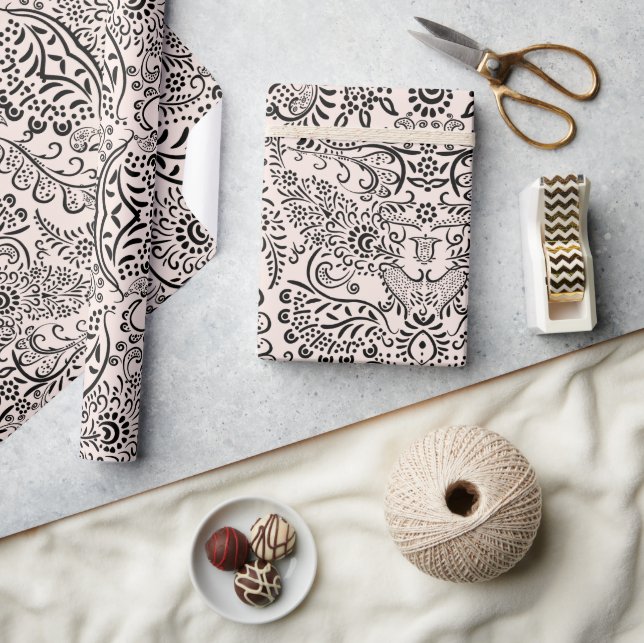 Schwarz und Rosa Mehndi Paisley Indianermuster Geschenkpapier (Kunsthandwerk)