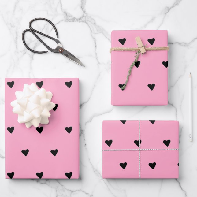 Schwarz und Rosa Niedliche, farbige Herzen Minimal Geschenkpapier Set (Vorderseite)