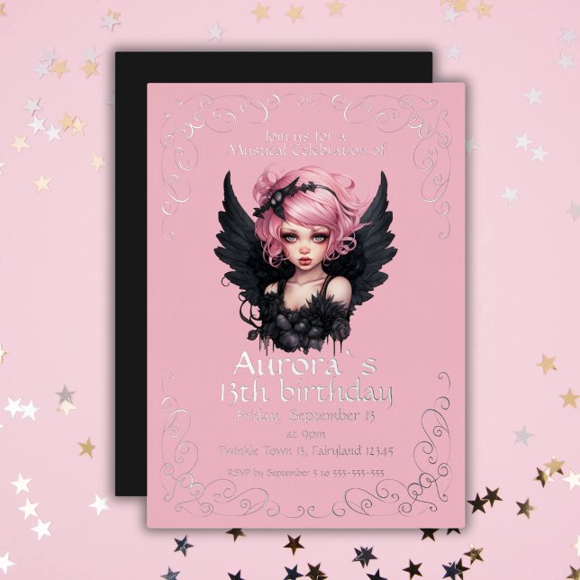 Schwarz und Rosa Pastellfarben Goth Fairy 13. Gebu Folieneinladung (Von Creator hochgeladen)