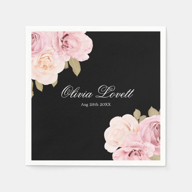 Schwarz und Rosa Rosen Chic Brautparty Serviette (Vorderseite)