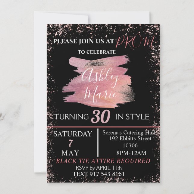Schwarz und Rose Gold 30. Einladung (Rückseite)