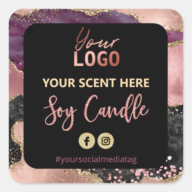 Schwarz und Rose Gold Agate Soy Candle Labels Quadratischer Aufkleber (Vorderseite)
