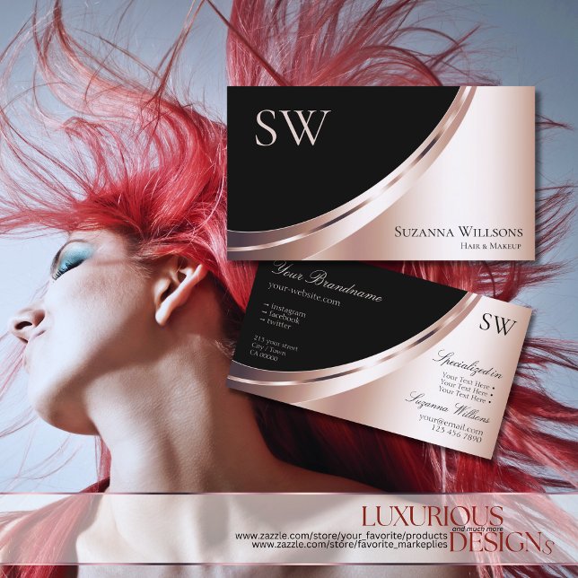 Schwarz und Rose Gold Deco mit Monogram Luxuriös Visitenkarte (Von Creator hochgeladen)
