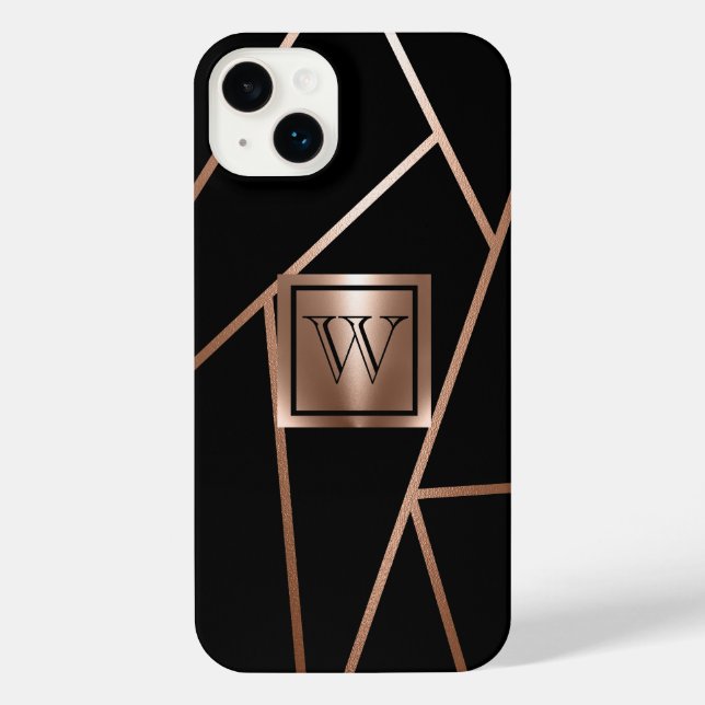 Schwarz und Rose Gold Geometric iPhone 14 Plus Hülle (Rückseite)