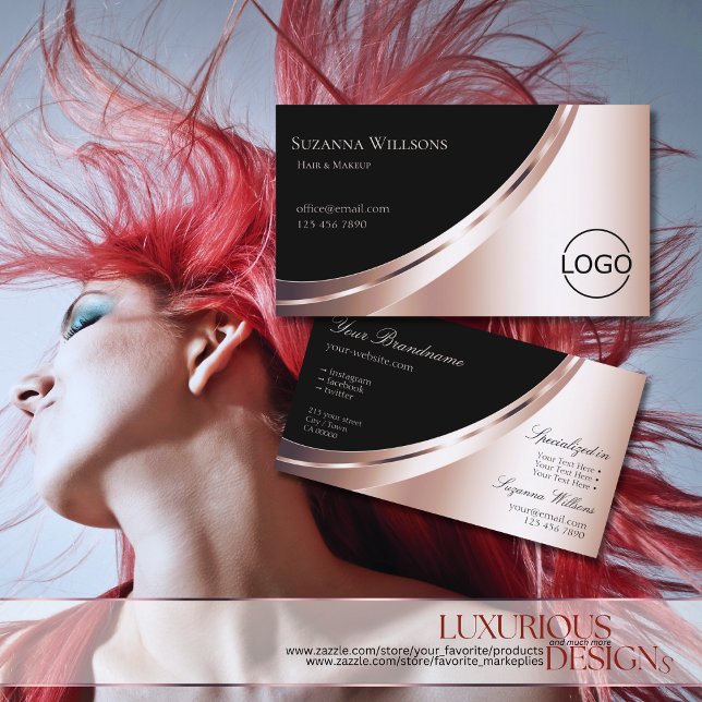 Schwarz und Rose Gold Glam Dekoration mit Logo Lux Visitenkarte (by Your_Favorite - www.zazzle.com/store/your_favorite)