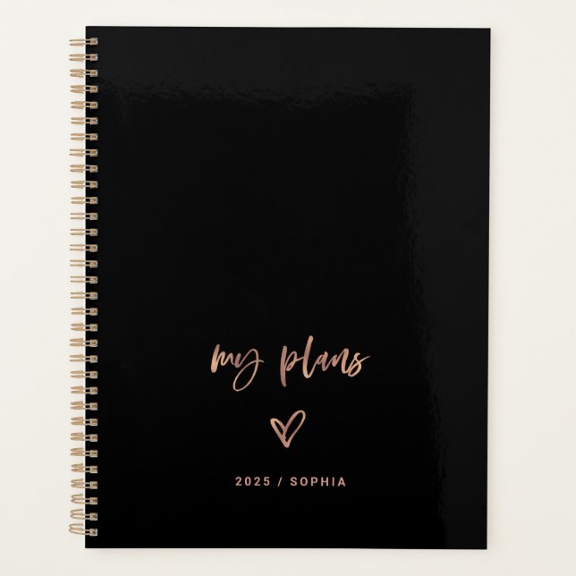 Schwarz und Rose Gold | Lässiges Drehbuch und Herz Planer (Vorderseite)