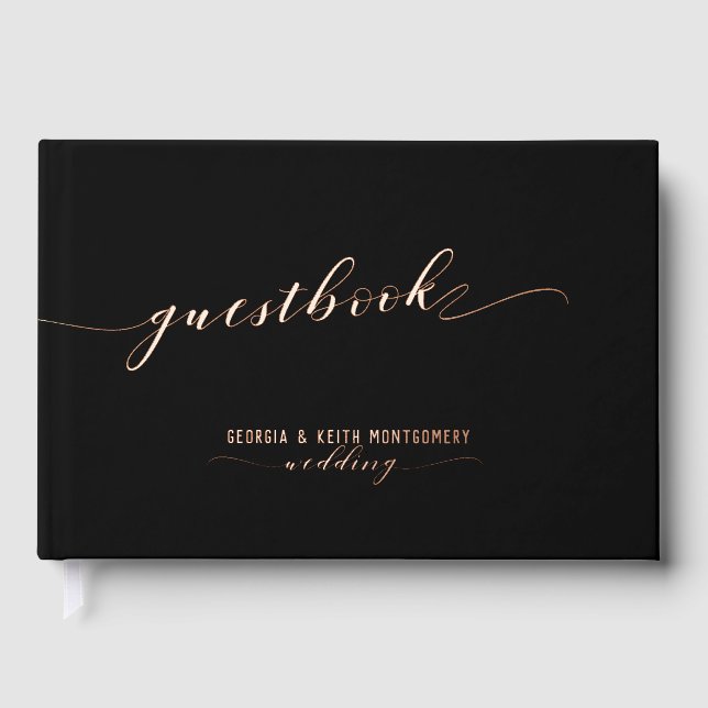 Schwarz und Rose Gold Script Elegante Hochzeit 2 Gästebuch (Vorderseite)