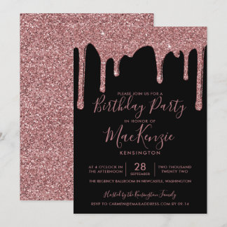 Schwarz und Rose Gold Sparkone Glitzer Tropfen Geb Einladung