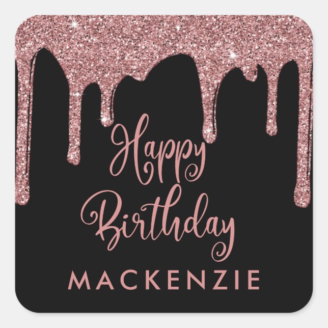 Schwarz und Rose Gold Sparkone Glitzer Tropfen Geb Quadratischer Aufkleber (Vorderseite)
