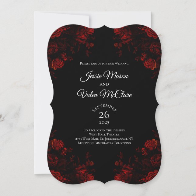 Schwarz und Rot Blumen Elegante Gotische Hochzeit Einladung (Vorderseite)
