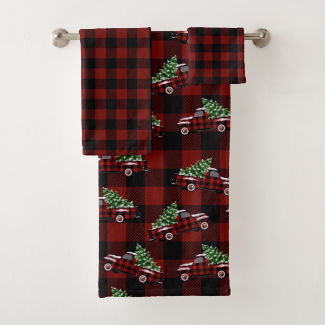 Schwarz und Rot Buffalo Kariert | Weihnachtsbaum T Badhandtuch Set (Insitu)
