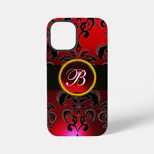 SCHWARZ UND ROT BURGUNDY DAMASK MONOGRAM, Ruby iPhone 12 Mini Hülle (Rückseite)