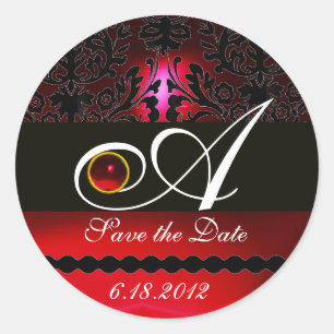 SCHWARZ UND ROT BURGUNDY DAMASK MONOGRAM, Ruby Runder Aufkleber