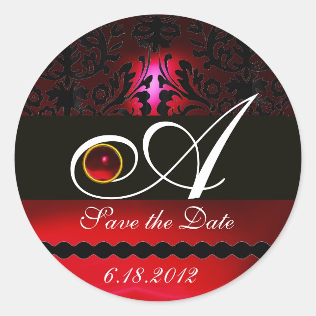 SCHWARZ UND ROT BURGUNDY DAMASK MONOGRAM, Ruby Runder Aufkleber (Vorderseite)