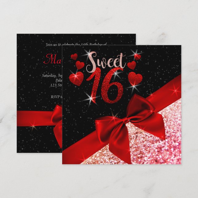 Schwarz und Rot Glitterie Sweet 16 Einladung (Vorne/Hinten)
