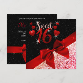 Schwarz und Rot Glitterie Sweet 16 Einladung