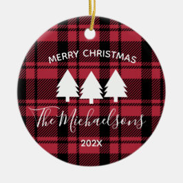 Schwarz und Rot Kariert mit Monogram Name Foto Keramik Ornament