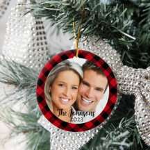Schwarz und Rot Kariertes Foto Weihnachtsschmuck