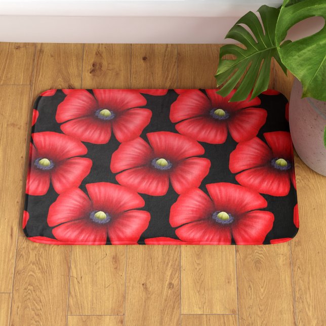 Schwarz und Rot Mohnblumen Modernes Muster Badematte (Perfect poppy pattern bath mat to pop in your bathroom)