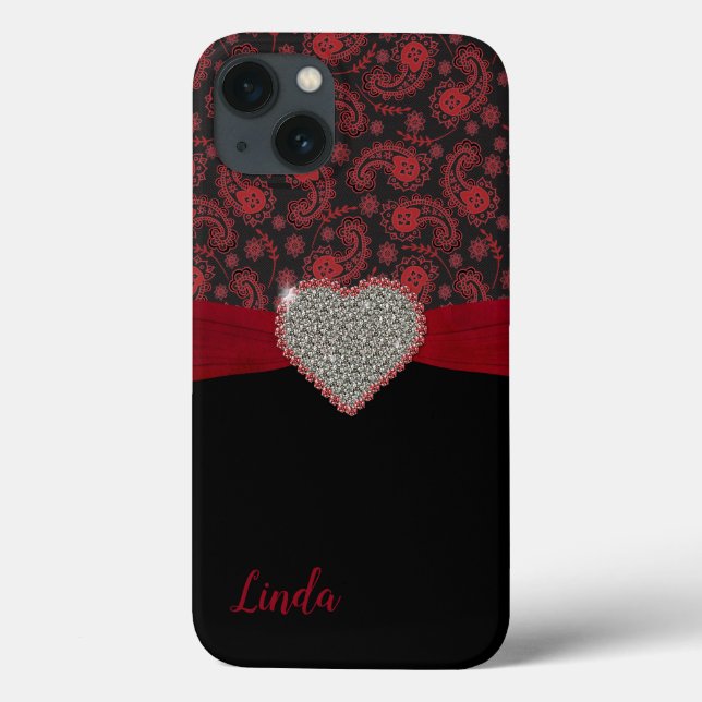 Schwarz und Rot Paisley mit Diamond Herz Case-Mate iPhone Hülle (Rückseite)