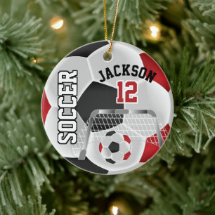Schwarz und Rot personalisieren Fußballball Keramik Ornament