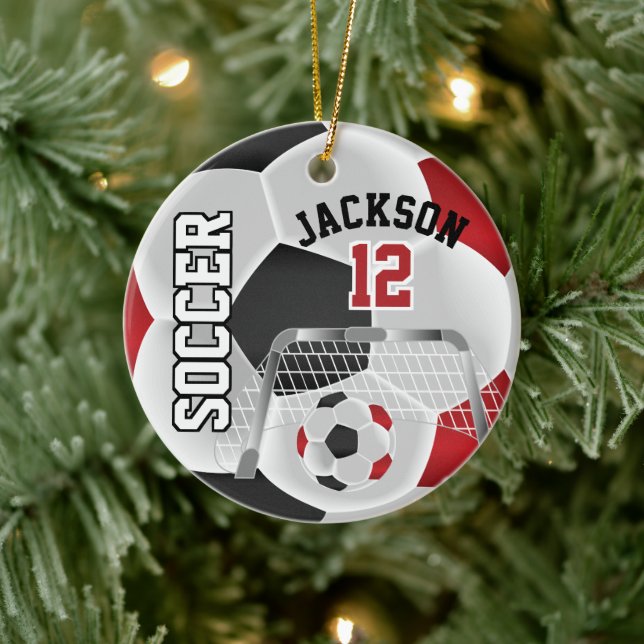 Schwarz und Rot personalisieren Fußballball Keramik Ornament (Baum)