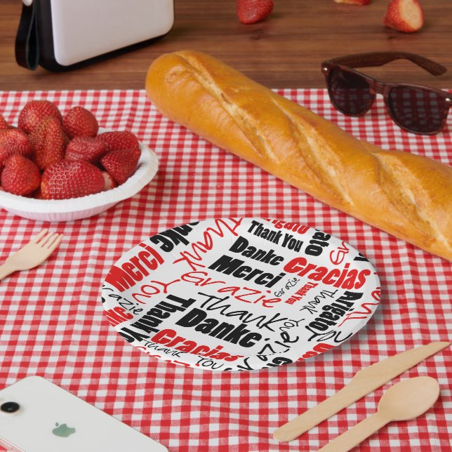 Schwarz und Rot Vielen Dank Word Cloud Pappteller (Picknick)