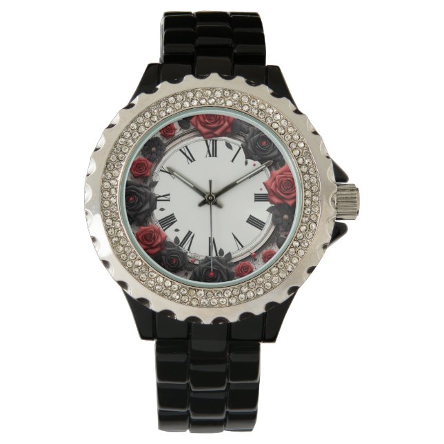 Schwarz und Rote Rosen Armbanduhr (Vorderseite)