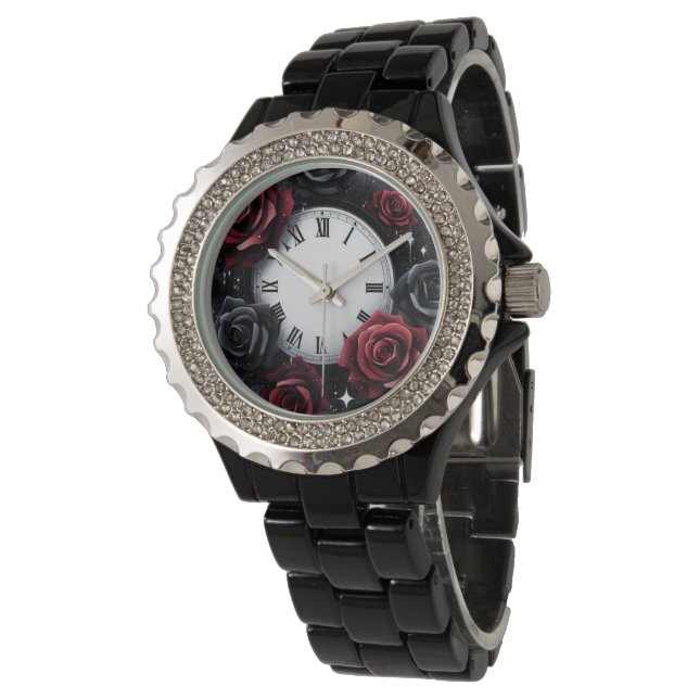 Schwarz und Rote Rosen Armbanduhr (Schrägansicht)