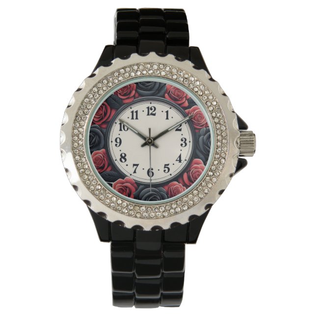 Schwarz und Rote Rosen Armbanduhr (Vorderseite)